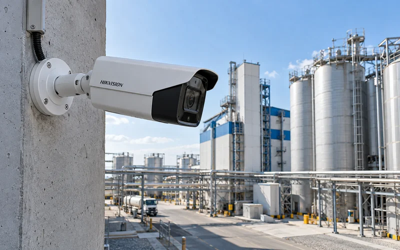 Уличная камера Hikvision на стене цеха смотрит на заводской двор