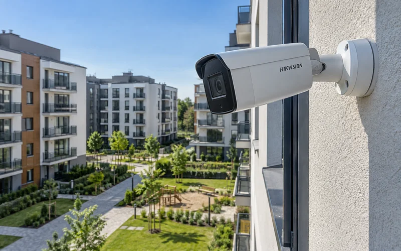 Камера Hikvision на стене дома смотрит во двор