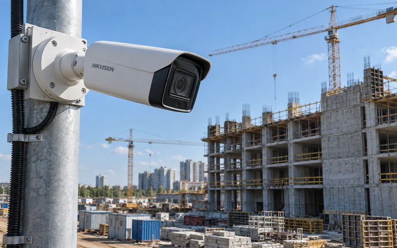 Камера Hikvision на столбе у стройки
