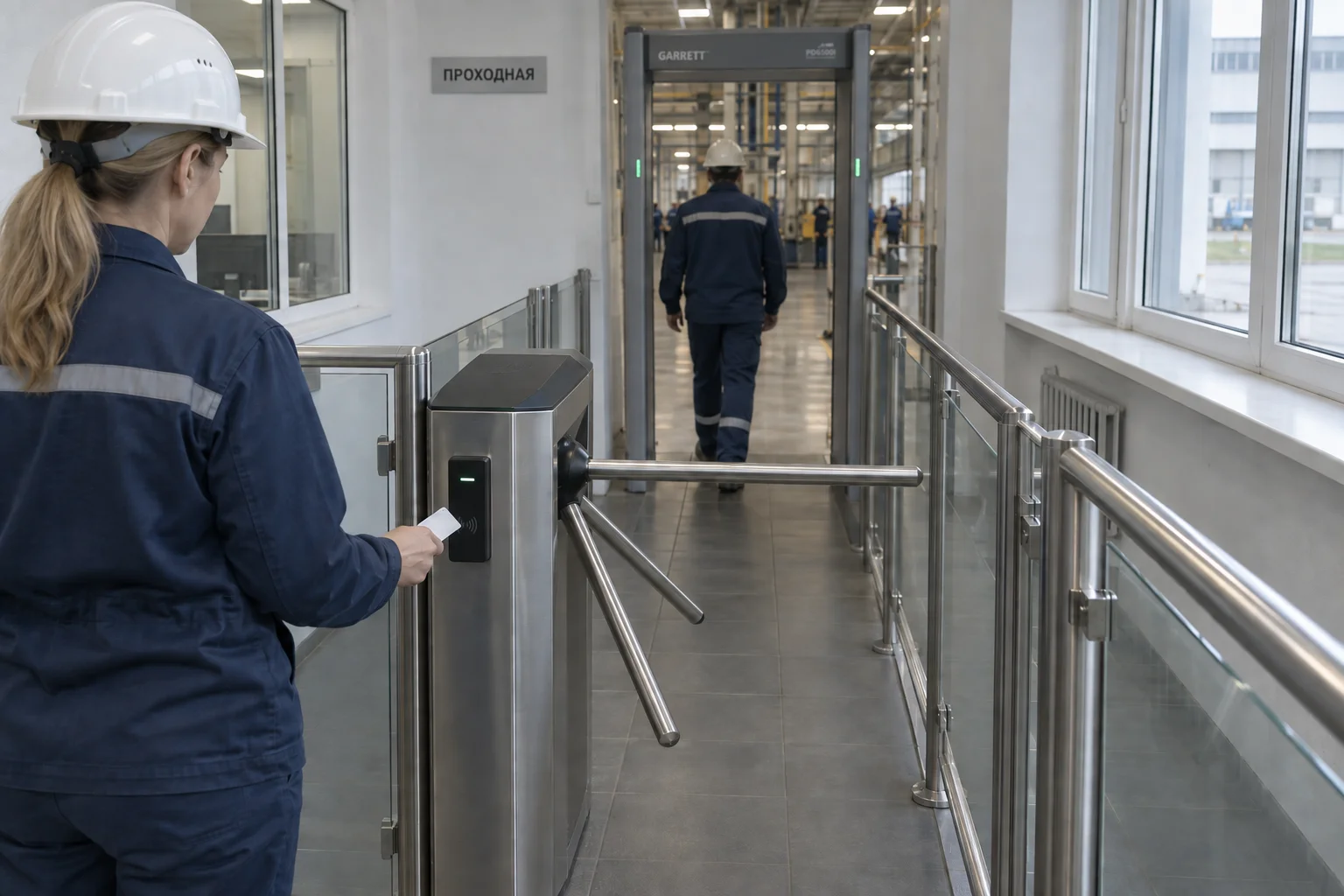 Сотрудница с картой у трипода, за ней мужчина идёт через рамку