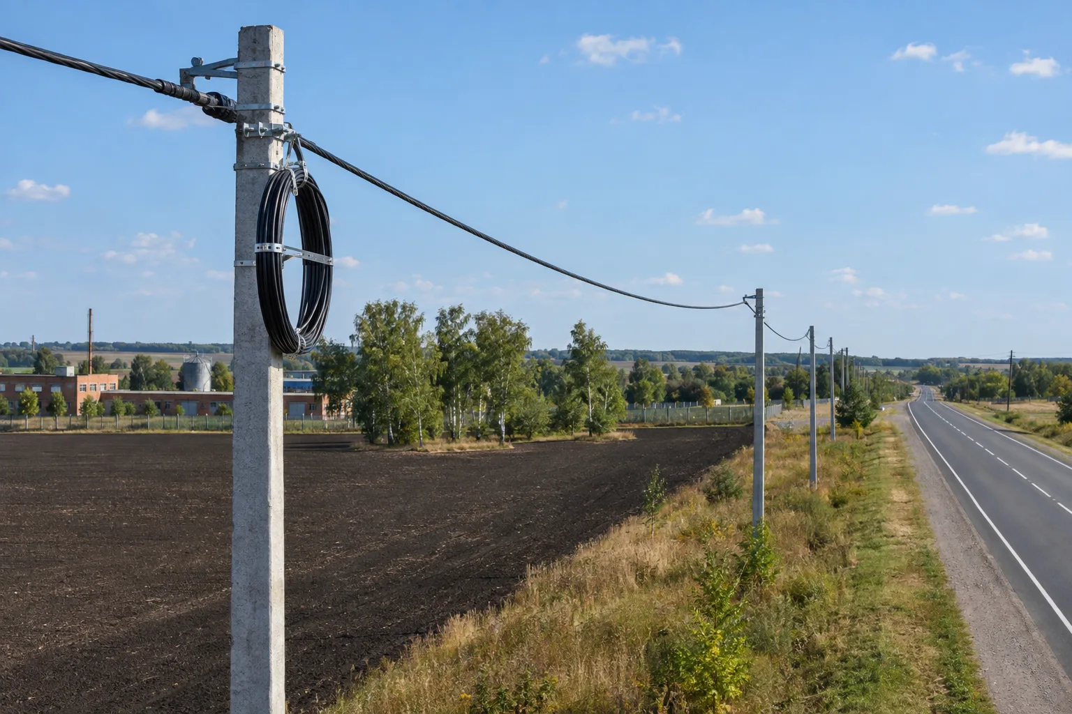 Оптический кабель на столбах вдоль дороги за городом